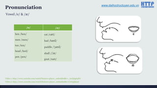 www.daihoctructuyen.edu.vn
Pronunciation
Vowel /e/ & /æ/
/e/ /æ/
hen /hen/
men /men/
ten /ten/
head /hed/
pen /pen/
cat /cæt/
had /hæd/
paddle /‟pæd/
shall /ʃæ/
gnat /næt/
Video 1: http://www.youtube.com/watch?feature=player_embedded&v=_6cJ5kg6qWc
Video 2: http://www.youtube.com/watch?feature=player_embedded&v=CoVgtjbjcpI
 