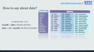 How to say about date?
2 ways to say: 1/10
month + date: October the first
date + of + month: the first of October
www.daihoctructuyen.edu.vn
 