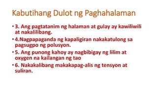 Kabutihang Dulot ng Paghahalaman
• 3. Ang pagtatanim ng halaman at gulay ay kawiliwili
at nakalilibang.
• 4.Nagpapaganda ng kapaligiran nakakatulong sa
pagsugpo ng polusyon.
• 5. Ang punong kahoy ay nagbibigay ng lilim at
oxygen na kailangan ng tao
• 6. Nakakalibang makakapag-alis ng tensyon at
suliran.
 