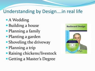 Understanding by Design….in real life
 A Wedding
 Building a house
 Planning a family
 Planting a garden
 Shoveling the driveway
 Planning a trip
 Raising chickens/livestock
 Getting a Master’s Degree
 