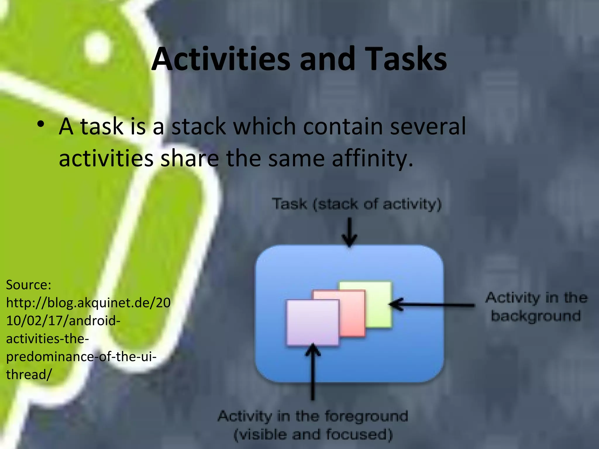 Activities and Tasks
• A task is a stack which contain several
activities share the same affinity.

Source:
http://blog.akquinet.de/20
10/02/17/androidactivities-thepredominance-of-the-uithread/

 