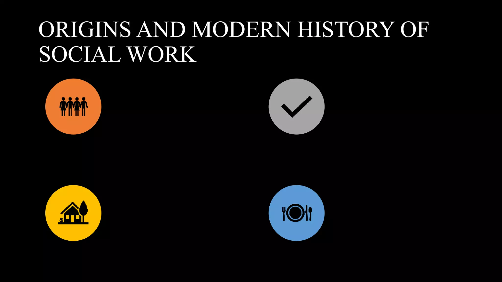 ORIGINS AND MODERN HISTORY OF
SOCIAL WORK
All major religions
encourage people to help
the poor.
In the western world, the
first documented
organized social work
occurred during the 3rd
century, right after the
Christian Church was
legalized by Roman
Emperor Constantine I.
The church set up
hospitals, poorhouses,
orphanages, and homes
for the elderly, and these
establishments received
grants from the Roman
Empire.
By the 6th century, the
church had developed an
elaborate system for
distributing food and
other consumables to the
poor.
 