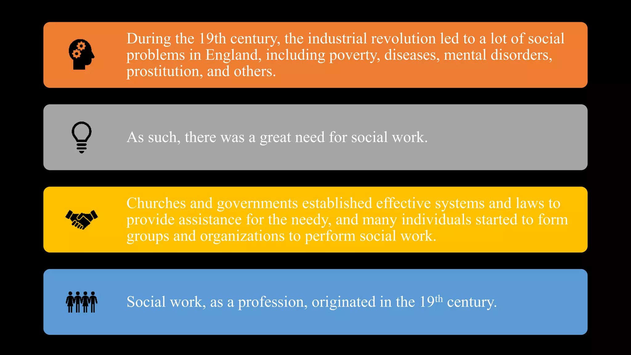 During the 19th century, the industrial revolution led to a lot of social
problems in England, including poverty, diseases, mental disorders,
prostitution, and others.
As such, there was a great need for social work.
Churches and governments established effective systems and laws to
provide assistance for the needy, and many individuals started to form
groups and organizations to perform social work.
Social work, as a profession, originated in the 19th century.
 