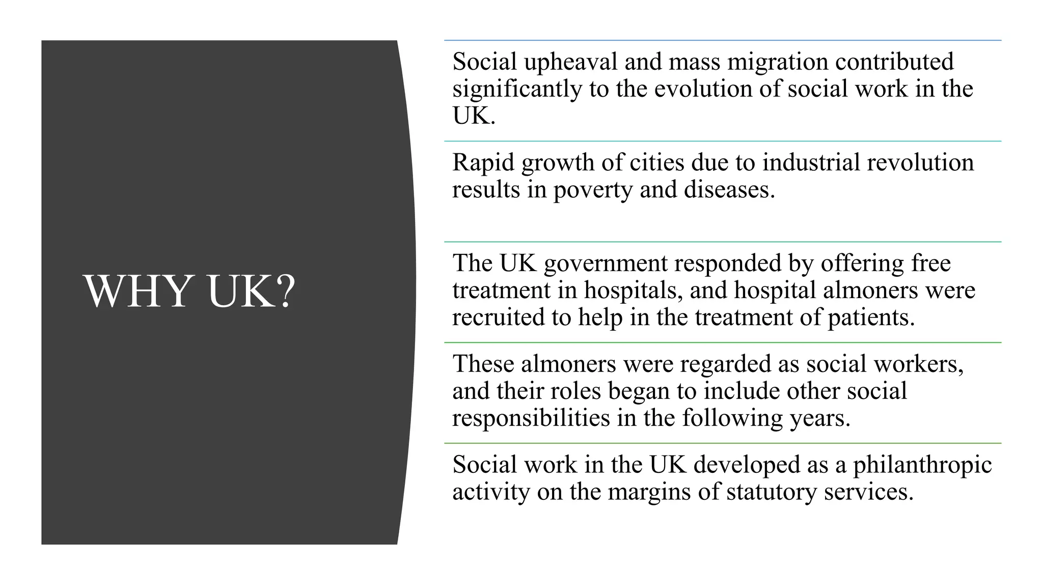 WHY UK?
Social upheaval and mass migration contributed
significantly to the evolution of social work in the
UK.
Rapid growth of cities due to industrial revolution
results in poverty and diseases.
The UK government responded by offering free
treatment in hospitals, and hospital almoners were
recruited to help in the treatment of patients.
These almoners were regarded as social workers,
and their roles began to include other social
responsibilities in the following years.
Social work in the UK developed as a philanthropic
activity on the margins of statutory services.
 