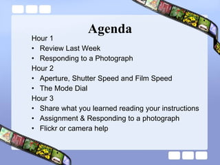 Agenda Hour 1 Review Last Week Responding to a Photograph Hour 2 Aperture, Shutter Speed and Film Speed The Mode Dial Hour 3 Share what you learned reading your instructions Assignment & Responding to a photograph Flickr or camera help 