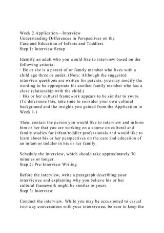 Week 2 Application—Interview
Understanding Differences in Perspectives on the
Care and Education of Infants and Toddlers
Step 1: Interview Setup
Identify an adult who you would like to interview based on the
following criteria:
· He or she is a parent of or family member who lives with a
child age three or under. (Note: Although the suggested
interview questions are written for parents, you may modify the
wording to be appropriate for another family member who has a
close relationship with the child.)
· His or her cultural framework appears to be similar to yours.
(To determine this, take time to consider your own cultural
background and the insights you gained from the Application in
Week 1.)
Then, contact the person you would like to interview and inform
him or her that you are working on a course on cultural and
family studies for infant/toddler professionals and would like to
learn about his or her perspectives on the care and education of
an infant or toddler in his or her family.
Schedule the interview, which should take approximately 30
minutes or longer.
Step 2: Pre-Interview Writing
Before the interview, write a paragraph describing your
interviewee and explaining why you believe his or her
cultural framework might be similar to yours.
Step 3: Interview
Conduct the interview. While you may be accustomed to casual
two-way conversation with your interviewee, be sure to keep the
 