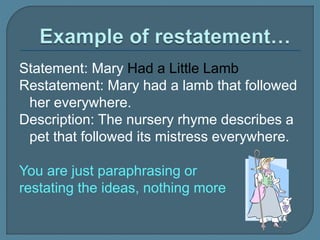 Statement: Mary Had a Little Lamb
Restatement: Mary had a lamb that followed
her everywhere.
Description: The nursery rhyme describes a
pet that followed its mistress everywhere.
You are just paraphrasing or
restating the ideas, nothing more
 