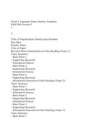 Week 2 Argument Paper Outline Template
ENG/200 Version 2
1
3
Title of PaperStudent NameCourse/Number
Due Date
Faculty Name
Title of Paper
Revised Thesis StatementLevel One Heading (Topic 1)
Topic Sentence:
· Main Point 1
· Supporting Research
· Information Source
· Main Point 2
· Supporting Research
· Information Source
· Main Point 3
· Supporting Research
· Information SourceLevel One Heading (Topic 2)
Topic Sentence
· Main Point 1
· Supporting Research
· Information Source
· Main Point 2
· Supporting Research
· Information Source
· Main Point 3
· Supporting Research
· Information SourceLevel One Heading (Topic 3)
Topic Sentence
· Main Point 1
 