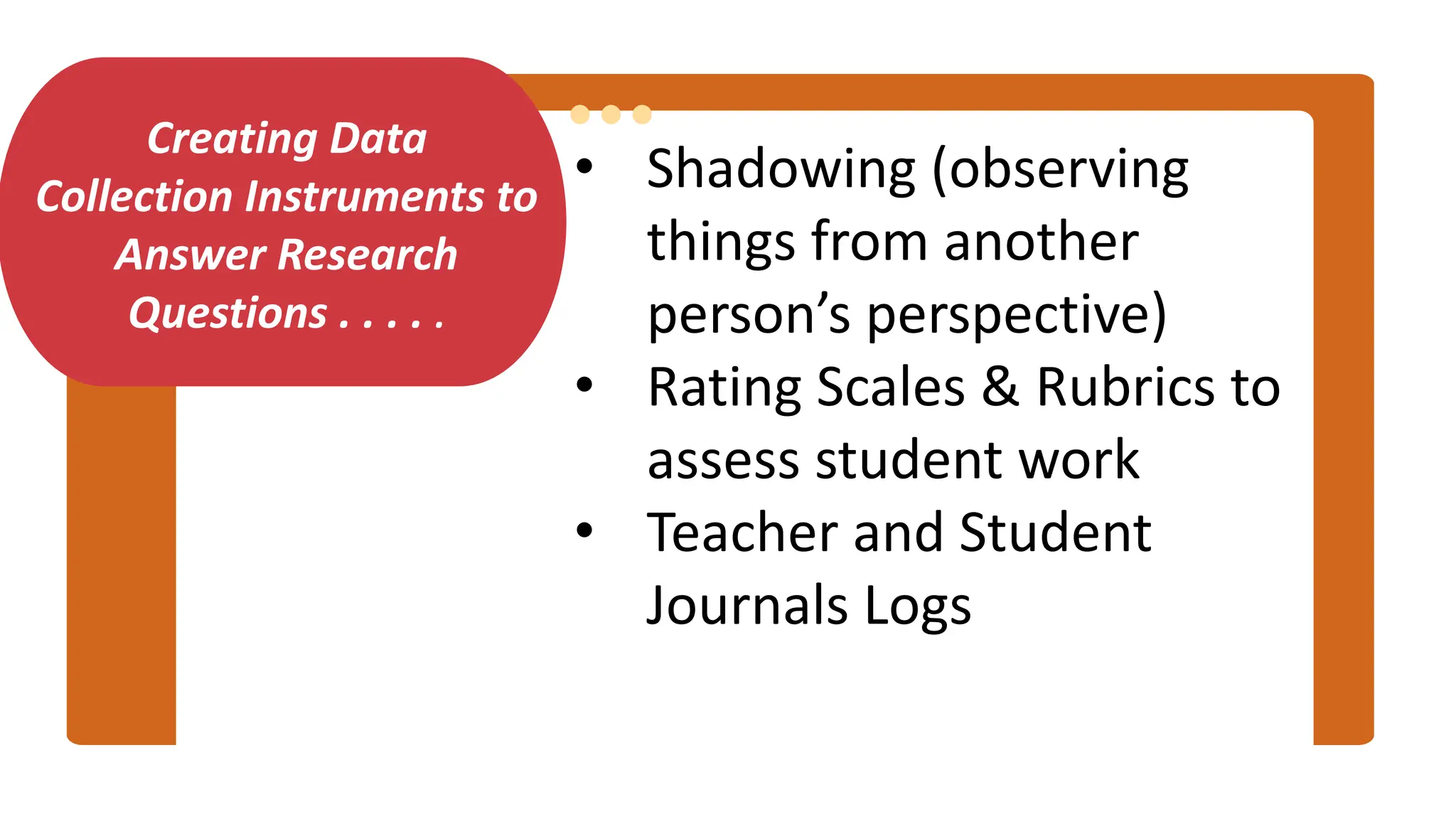 Creating Data
Collection Instruments to
Answer Research
Questions . . . . .
• Shadowing (observing
things from another
person’s perspective)
• Rating Scales & Rubrics to
assess student work
• Teacher and Student
Journals Logs
 