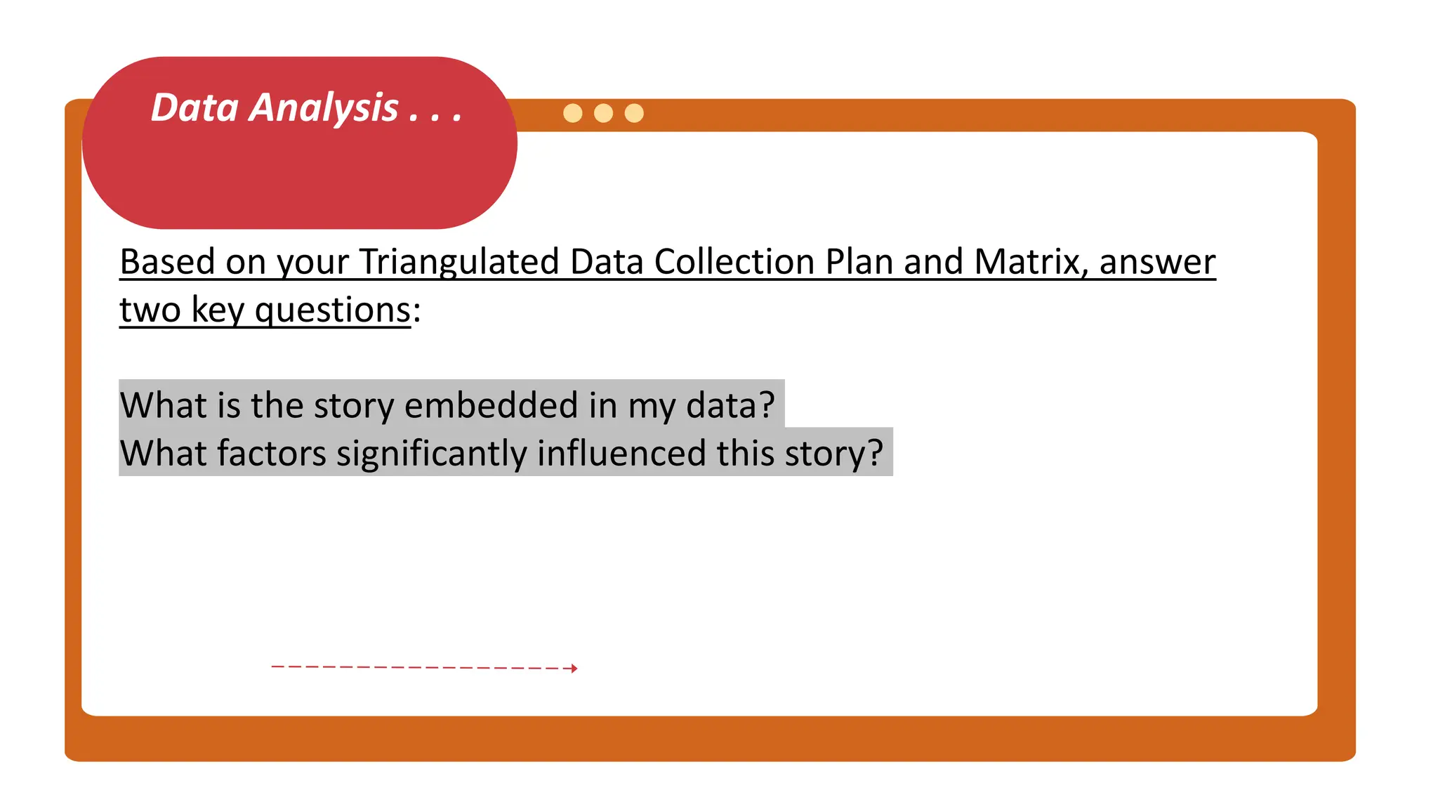 Data Analysis . . .
Based on your Triangulated Data Collection Plan and Matrix, answer
two key questions:
What is the story embedded in my data?
What factors significantly influenced this story?
 