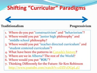 Shifting “Curricular” Paradigms
Traditionalism Progressivism
1. Where do you put “constructivism” and “behaviorism”?
2. Where would you put “junior high philosophy” and
“middle school philosophy?
3. Where would you put “teacher directed curriculum” and
“student centered curriculum”?
4. What have been the patterns in Canada’s history?
5. Where are we in Alberta? The rest of the World?
6. Where would you put “YOU”?
7. Thinking Differently for the Future: Sir Ken Robinson
http://www.youtube.com/watch?v=zDZFcDGpL4U
 