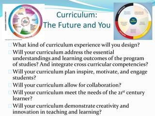 What kind of curriculum experience will you design?
Will your curriculum address the essential
understandings and learning outcomes of the program
of studies? And integrate cross curricular competencies?
Will your curriculum plan inspire, motivate, and engage
students?
Will your curriculum allow for collaboration?
Will your curriculum meet the needs of the 21st century
learner?
Will your curriculum demonstrate creativity and
innovation in teaching and learning?
Curriculum:
The Future and You
 