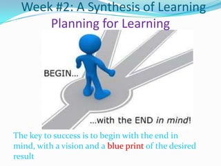 Week #2: A Synthesis of Learning
Planning for Learning

The key to success is to begin with the end in
mind, with a vision and a blue print of the desired
result

 