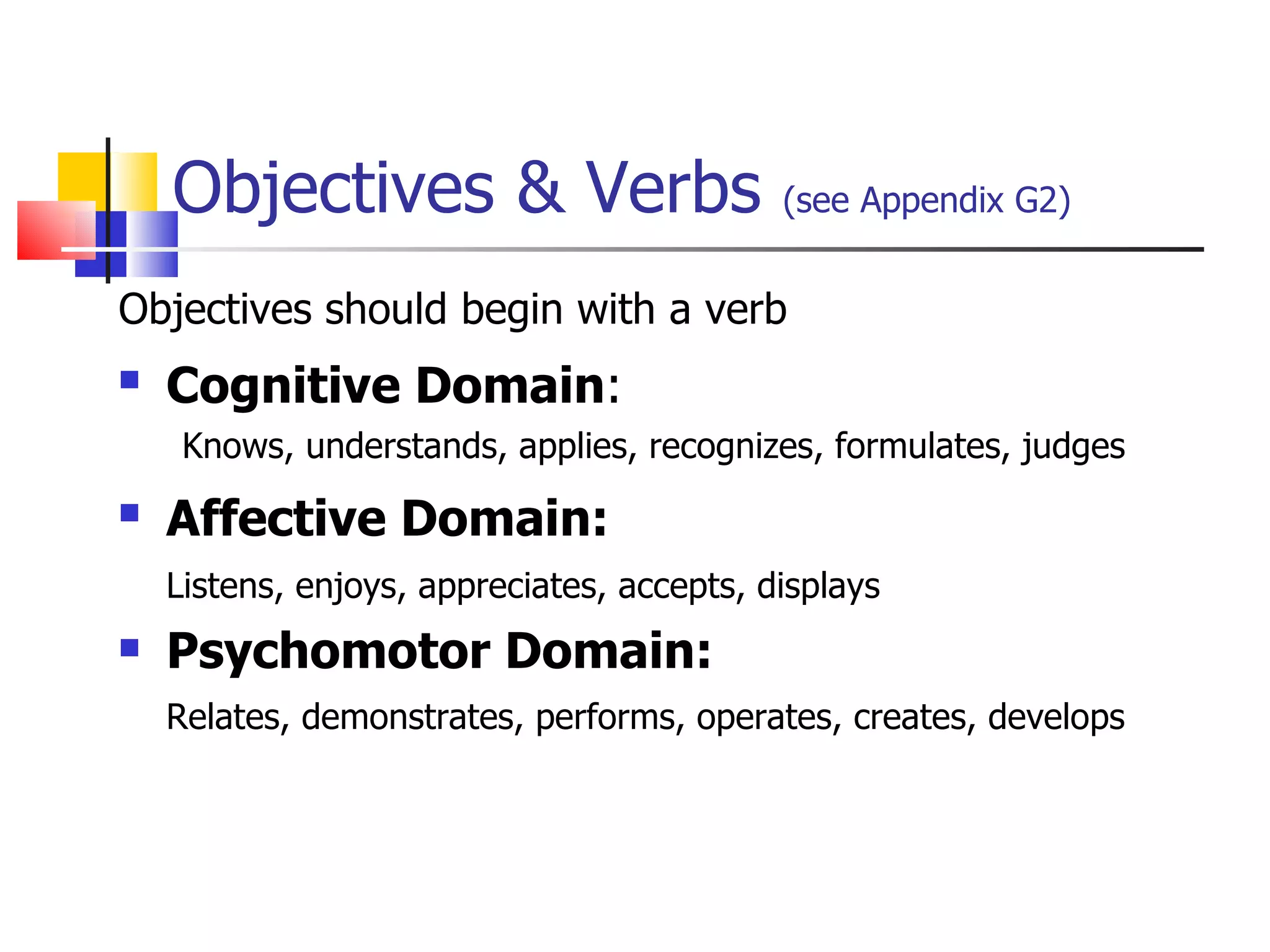 Objectives & Verbs  (see Appendix G2) Objectives should begin with a verb Cognitive Domain :   Knows, understands, applies, recognizes, formulates, judges  Affective Domain:   Listens, enjoys, appreciates, accepts, displays Psychomotor Domain: Relates, demonstrates, performs, operates, creates, develops 