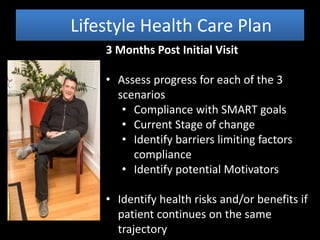 Lifestyle Health Care Plan
3 Months Post Initial Visit
• Assess progress for each of the 3
scenarios
• Compliance with SMART goals
• Current Stage of change
• Identify barriers limiting factors
compliance
• Identify potential Motivators
• Identify health risks and/or benefits if
patient continues on the same
trajectory
 