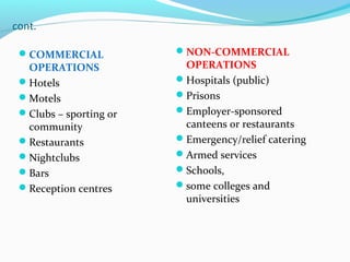 cont.
COMMERCIAL
OPERATIONS
Hotels
Motels
Clubs – sporting or
community
Restaurants
Nightclubs
Bars
Reception centres
NON-COMMERCIAL
OPERATIONS
Hospitals (public)
Prisons
Employer-sponsored
canteens or restaurants
Emergency/relief catering
Armed services
Schools,
some colleges and
universities
 
