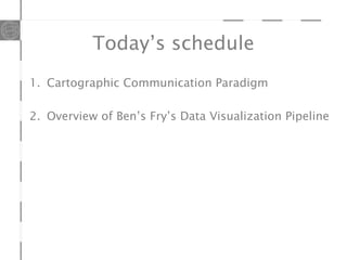 Today’s schedule
1. Cartographic Communication Paradigm
2. Overview of Ben’s Fry’s Data Visualization Pipeline
 