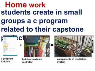 students create in small
groups a c program
related to their capstone
project .
Home work
+ =
C program
Arduino
Arduino hardware
controller
components of irradiation
system
 