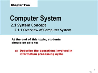 1
Computer System
Chapter Two
2.1 System Concept
2.1.1 Overview of Computer System
a) Describe the operations involved in
information processing cycle
At the end of this topic, students
should be able to:
 