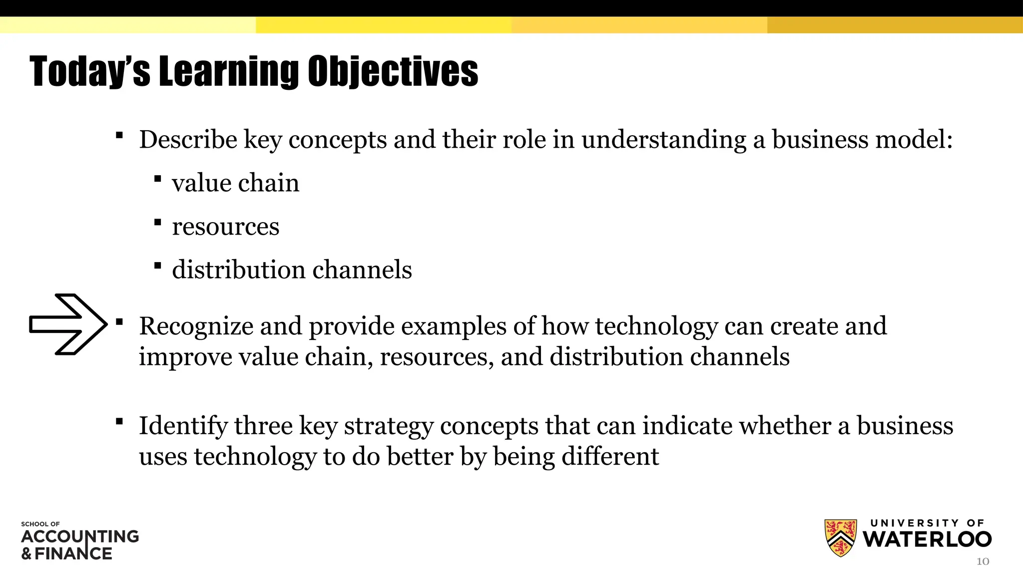 10
Today’s Learning Objectives
 Describe key concepts and their role in understanding a business model:
 value chain
 resources
 distribution channels
 Recognize and provide examples of how technology can create and
improve value chain, resources, and distribution channels
 Identify three key strategy concepts that can indicate whether a business
uses technology to do better by being different
 