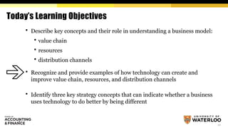 10
Today’s Learning Objectives
 Describe key concepts and their role in understanding a business model:
 value chain
 resources
 distribution channels
 Recognize and provide examples of how technology can create and
improve value chain, resources, and distribution channels
 Identify three key strategy concepts that can indicate whether a business
uses technology to do better by being different
 