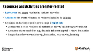 5
Resources and Activities are Inter-related
 Resources are inputs required to perform activities
 Activities can create resources so resources can also be outputs
 Resources and activities combine to deliver a capability
 Capacity for a set of resources to perform an activity in an integrative manner
 Resources shape capability: e.g., financial & human capital + R&D > innovation
 Integration achieves outcome: e.g., innovation, productivity, learning
 