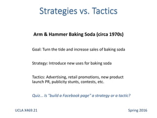 Goal: Turn the tide and increase sales of baking soda
Strategy: Introduce new uses for baking soda
Tactics: Advertising, retail promotions, new product
launch PR, publicity stunts, contests, etc.
Quiz... Is "build a Facebook page" a strategy or a tactic?
Arm & Hammer Baking Soda (circa 1970s)
UCLA X469.21 Spring 2016
 