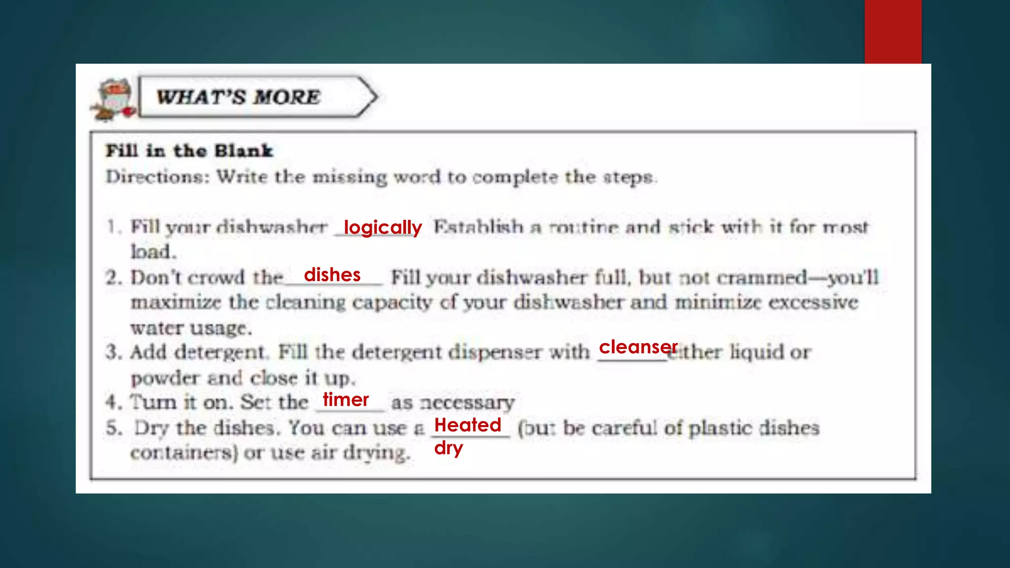 logically
dishes
cleanser
timer
Heated
dry
 