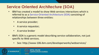 Service Oriented Architecture (SOA)
• IBM has created a model to show Web services interactions which is
referred to as a Service-Oriented Architecture (SOA) consisting of
relationships between three entities:
• A service provider;
• A service requestor;
• A service broker
• IBM’s SOA is a generic model describing service collaboration, not just
specific to Web services.
• See: http://www-106.ibm.com/developerworks/webservices/
11
 