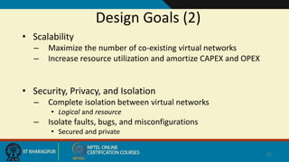 Design Goals (2)
37
• Scalability
– Maximize the number of co-existing virtual networks
– Increase resource utilization and amortize CAPEX and OPEX
• Security, Privacy, and Isolation
– Complete isolation between virtual networks
• Logical and resource
– Isolate faults, bugs, and misconfigurations
• Secured and private
 