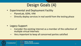 Design Goals (4)
39
• Experimental and Deployment Facility
– PlanetLab, GENI, VINI
– Directly deploy services in real world from the testing phase
• Legacy Support
– Consider the existing Internet as a member of the collection of
multiple virtual Internets
– Very important to keep all concerned parties satisfied
 
