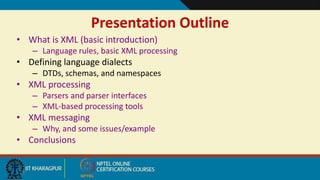 19
Presentation Outline
• What is XML (basic introduction)
– Language rules, basic XML processing
• Defining language dial...