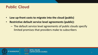Public Cloud
• Low up-front costs to migrate into the cloud (public)
• Restrictive default service level agreements (publi...