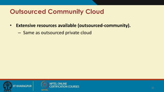 Outsourced Community Cloud
• Extensive resources available (outsourced-community).
– Same as outsourced private cloud
31
 