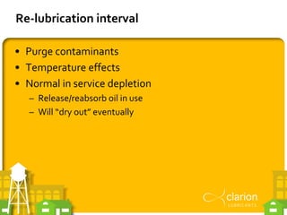 Re-lubrication interval
• Purge contaminants
• Temperature effects
• Normal in service depletion
– Release/reabsorb oil in...