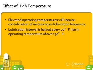 Effect of High Temperature
• Elevated operating temperatures will require
consideration of increasing re-lubrication frequ...