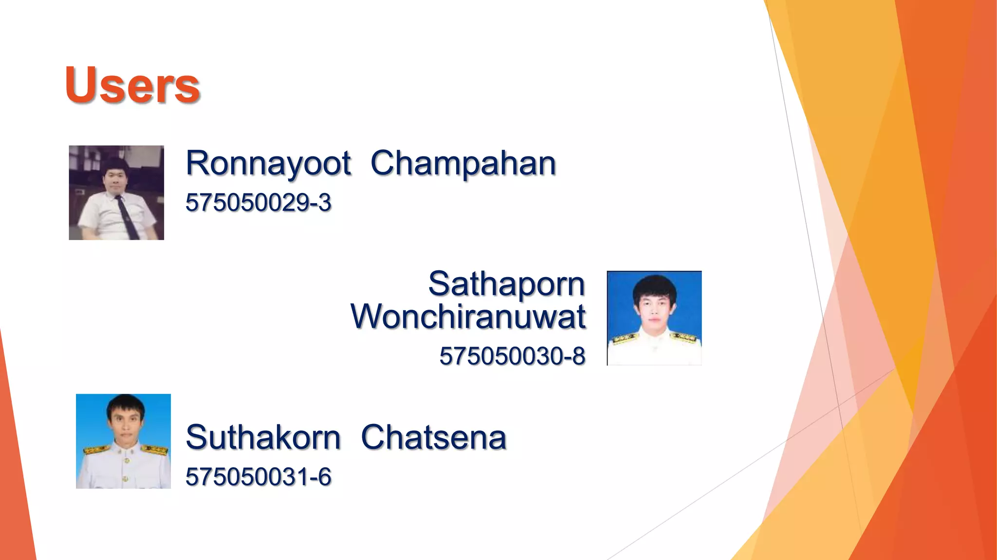 Users 
Ronnayoot Champahan 
575050029-3 
Sathaporn 
Wonchiranuwat 
575050030-8 
Suthakorn Chatsena 
575050031-6 
