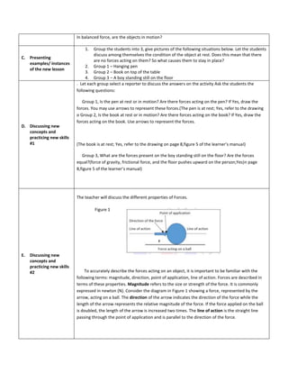 In balanced force, are the objects in motion?
C. Presenting
examples/ instances
of the new lesson
1. Group the students into 3, give pictures of the following situations below. Let the students
discuss among themselves the condition of the object at rest. Does this mean that there
are no forces acting on them? So what causes them to stay in place?
2. Group 1 – Hanging pen
3. Group 2 – Book on top of the table
4. Group 3 – A boy standing still on the floor
D. Discussing new
concepts and
practicing new skills
#1
. Let each group select a reporter to discuss the answers on the activity Ask the students the
following questions:
Group 1, Is the pen at rest or in motion? Are there forces acting on the pen? If Yes, draw the
forces. You may use arrows to represent these forces.(The pen is at rest; Yes, refer to the drawing
o Group 2, Is the book at rest or in motion? Are there forces acting on the book? If Yes, draw the
forces acting on the book. Use arrows to represent the forces.
(The book is at rest; Yes, refer to the drawing on page 8,figure 5 of the learner’s manual)
Group 3, What are the forces present on the boy standing still on the floor? Are the forces
equal?(force of gravity, frictional force, and the floor pushes upward on the person;Yes)n page
8,figure 5 of the learner’s manual)
E. Discussing new
concepts and
practicing new skills
#2
The teacher will discuss the different properties of Forces.
Figure 1
To accurately describe the forces acting on an object, it is important to be familiar with the
following terms: magnitude, direction, point of application, line of action. Forces are described in
terms of these properties. Magnitude refers to the size or strength of the force. It is commonly
expressed in newton (N). Consider the diagram in Figure 1 showing a force, represented by the
arrow, acting on a ball. The direction of the arrow indicates the direction of the force while the
length of the arrow represents the relative magnitude of the force. If the force applied on the ball
is doubled, the length of the arrow is increased two times. The line of action is the straight line
passing through the point of application and is parallel to the direction of the force.
 
