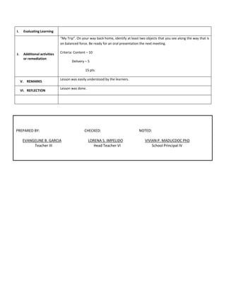 I. Evaluating Learning
J. Additional activities
or remediation
“My Trip”. On your way back home, identify at least two objects that you see along the way that is
on balanced force. Be ready for an oral presentation the next meeting.
Criteria: Content – 10
Delivery – 5
15 pts.
V. REMARKS
Lesson was easily understood by the learners.
VI. REFLECTION
Lesson was done.
PREPARED BY: CHECKED: NOTED:
EVANGELINE B. GARCIA LORENA S. IMPELIDO VIVIAN P. MADUCDOC PhD
Teacher III Head Teacher VI School Principal IV
 