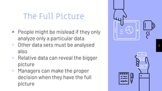 The Full Picture
▹ People might be mislead if they only
analyze only a particular data
▹ Other data sets must be analysed
also
▹ Relative data can reveal the bigger
picture
▹ Managers can make the proper
decision when they have the full
picture
13
 