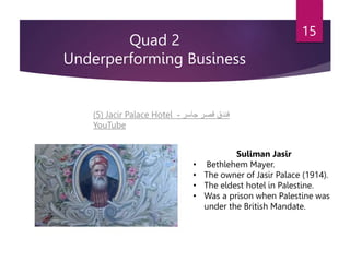 Quad 2
Underperforming Business
15
(5) Jacir Palace Hotel ‫جاسر‬ ‫قصر‬ ‫فندق‬
-
YouTube
Suliman Jasir
• Bethlehem Mayer.
• The owner of Jasir Palace (1914).
• The eldest hotel in Palestine.
• Was a prison when Palestine was
under the British Mandate.
 