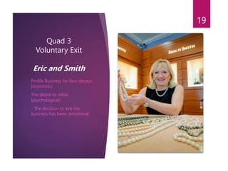 Quad 3
Voluntary Exit
Eric and Smith
- Profile Business for four decays.
(economic)
- The desire to retire.
(psychological)
- - The decision to exit the
business has been ‘emotional’.
19
 