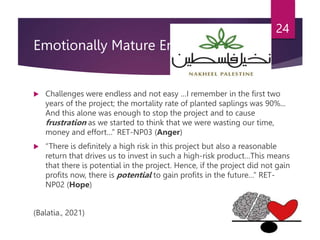 Emotionally Mature Entrepreneurs
 Challenges were endless and not easy …I remember in the first two
years of the project; the mortality rate of planted saplings was 90%...
And this alone was enough to stop the project and to cause
frustration as we started to think that we were wasting our time,
money and effort…” RET-NP03 (Anger)
 “There is definitely a high risk in this project but also a reasonable
return that drives us to invest in such a high-risk product…This means
that there is potential in the project. Hence, if the project did not gain
profits now, there is potential to gain profits in the future…” RET-
NP02 (Hope)
(Balatia., 2021)
24
 
