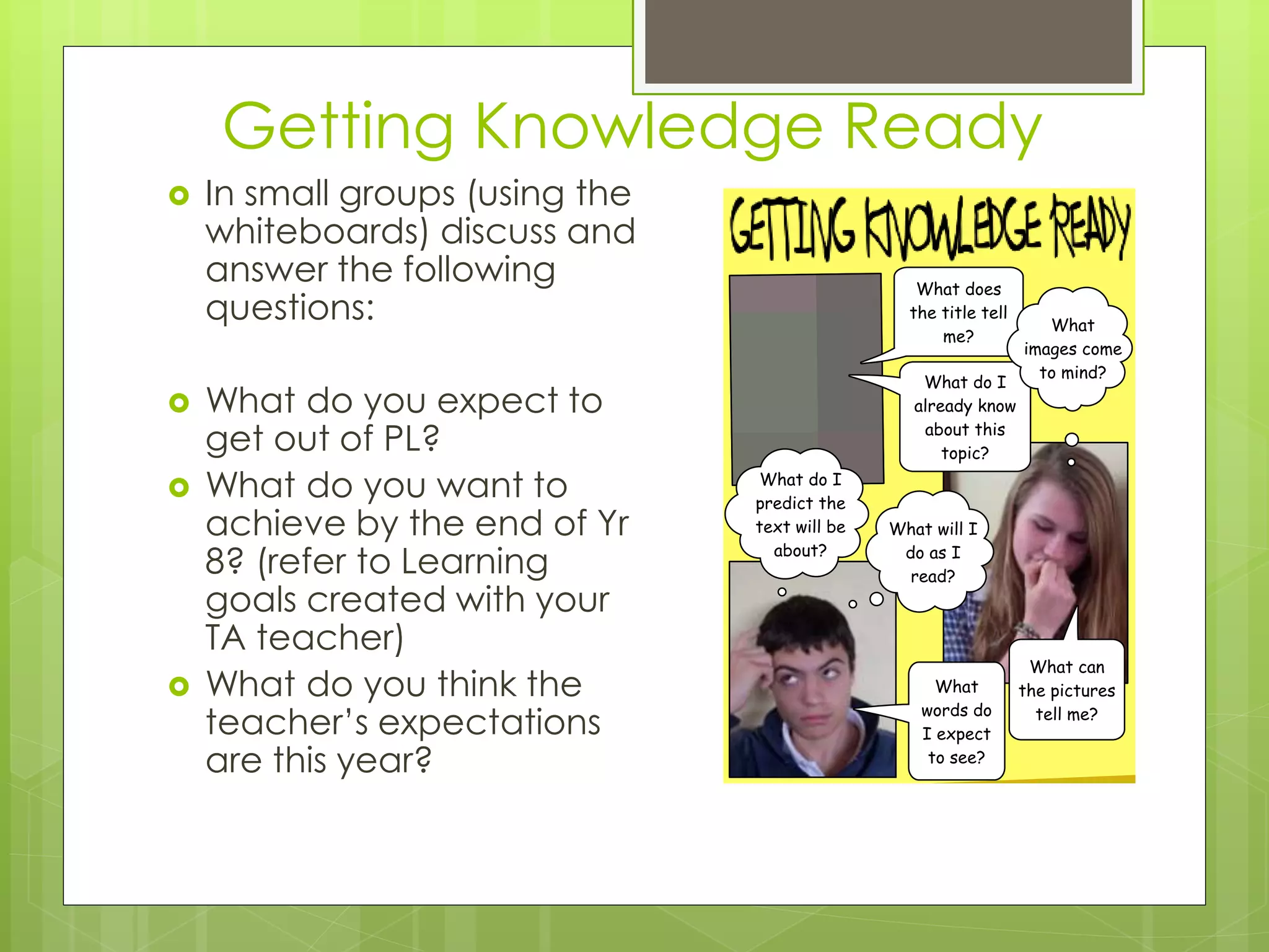 Getting Knowledge Ready
 In small groups (using the
whiteboards) discuss and
answer the following
questions:
 What do you expect to
get out of PL?
 What do you want to
achieve by the end of Yr
8? (refer to Learning
goals created with your
TA teacher)
 What do you think the
teacher’s expectations
are this year?
What does
the title tell
me?
What do I
predict the
text will be
about?
What can
the pictures
tell me?
What do I
already know
about this
topic?
What
words do
I expect
to see?
What
images come
to mind?
What will I
do as I
read?
 