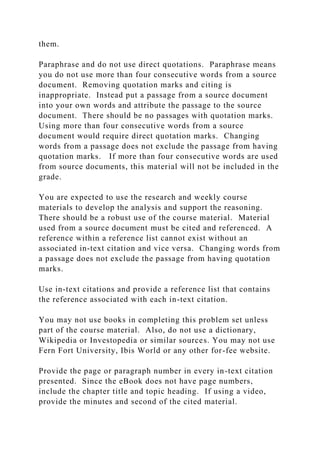 them.
Paraphrase and do not use direct quotations. Paraphrase means
you do not use more than four consecutive words from a source
document. Removing quotation marks and citing is
inappropriate. Instead put a passage from a source document
into your own words and attribute the passage to the source
document. There should be no passages with quotation marks.
Using more than four consecutive words from a source
document would require direct quotation marks. Changing
words from a passage does not exclude the passage from having
quotation marks. If more than four consecutive words are used
from source documents, this material will not be included in the
grade.
You are expected to use the research and weekly course
materials to develop the analysis and support the reasoning.
There should be a robust use of the course material. Material
used from a source document must be cited and referenced. A
reference within a reference list cannot exist without an
associated in-text citation and vice versa. Changing words from
a passage does not exclude the passage from having quotation
marks.
Use in-text citations and provide a reference list that contains
the reference associated with each in-text citation.
You may not use books in completing this problem set unless
part of the course material. Also, do not use a dictionary,
Wikipedia or Investopedia or similar sources. You may not use
Fern Fort University, Ibis World or any other for-fee website.
Provide the page or paragraph number in every in-text citation
presented. Since the eBook does not have page numbers,
include the chapter title and topic heading. If using a video,
provide the minutes and second of the cited material.
 