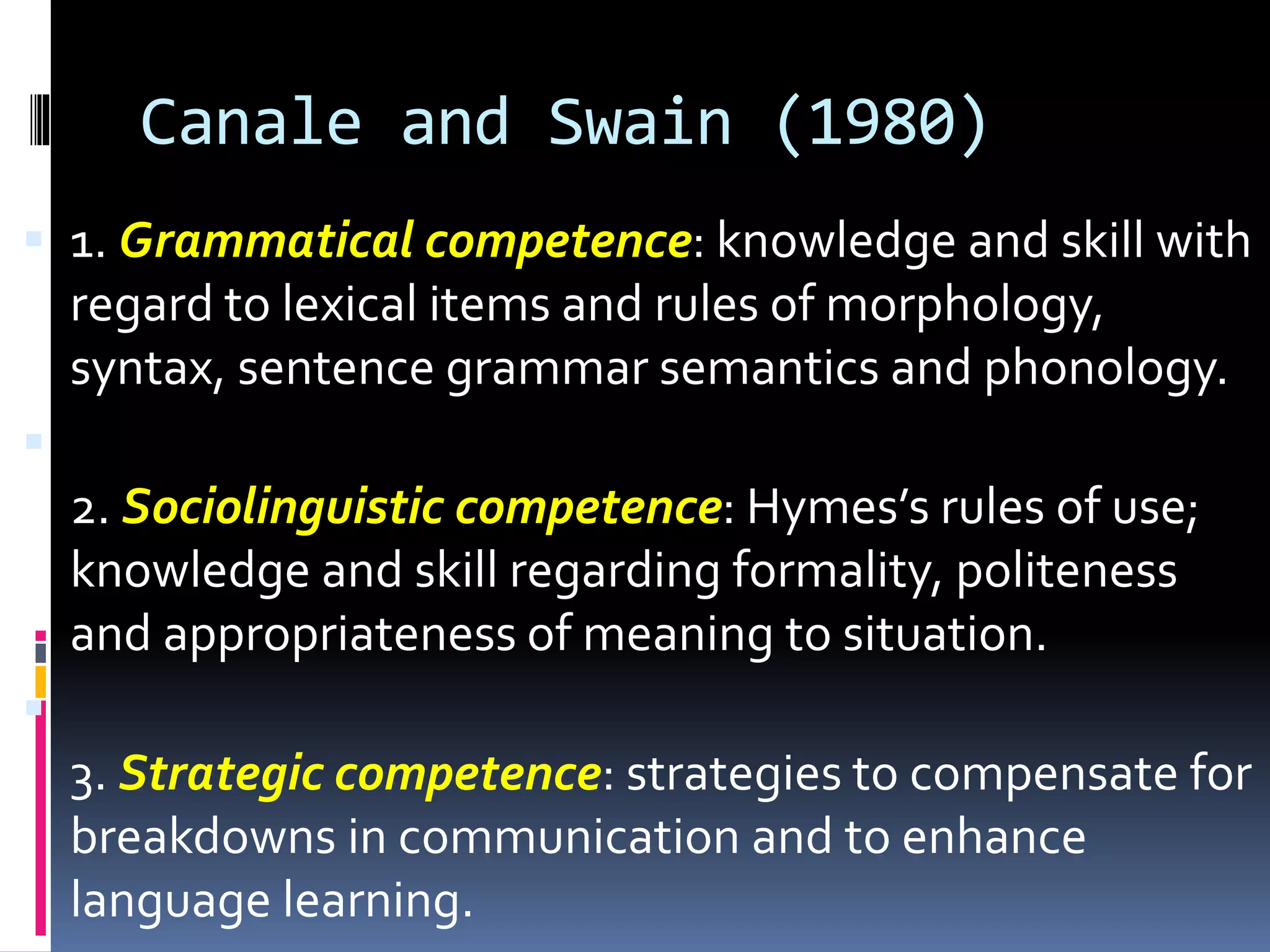 Canale and Swain (1980)
 1. Grammatical competence: knowledge and skill with
regard to lexical items and rules of morphology,
syntax, sentence grammar semantics and phonology.

2. Sociolinguistic competence: Hymes’s rules of use;
knowledge and skill regarding formality, politeness
and appropriateness of meaning to situation.

3. Strategic competence: strategies to compensate for
breakdowns in communication and to enhance
language learning.
 