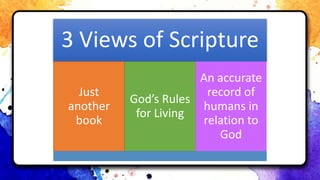 3 Views of Scripture
Just
another
book
God’s Rules
for Living
An accurate
record of
humans in
relation to
God
 