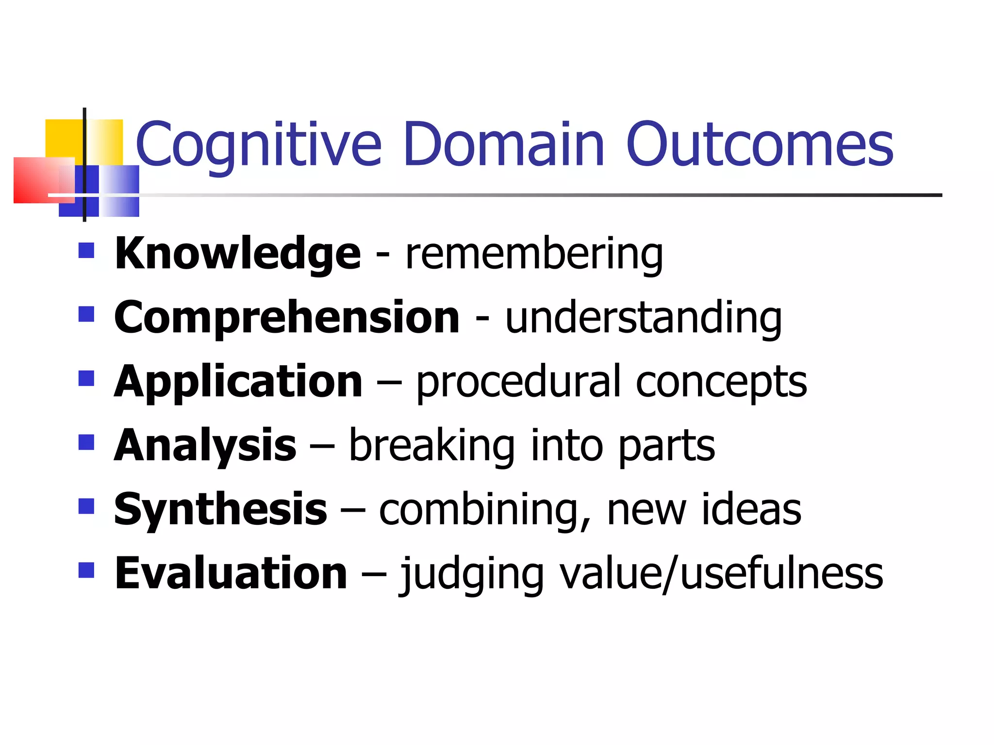 Cognitive Domain Outcomes Knowledge  - remembering Comprehension  - understanding Application  – procedural concepts Analysis  – breaking into parts Synthesis  – combining, new ideas Evaluation  – judging value/usefulness 