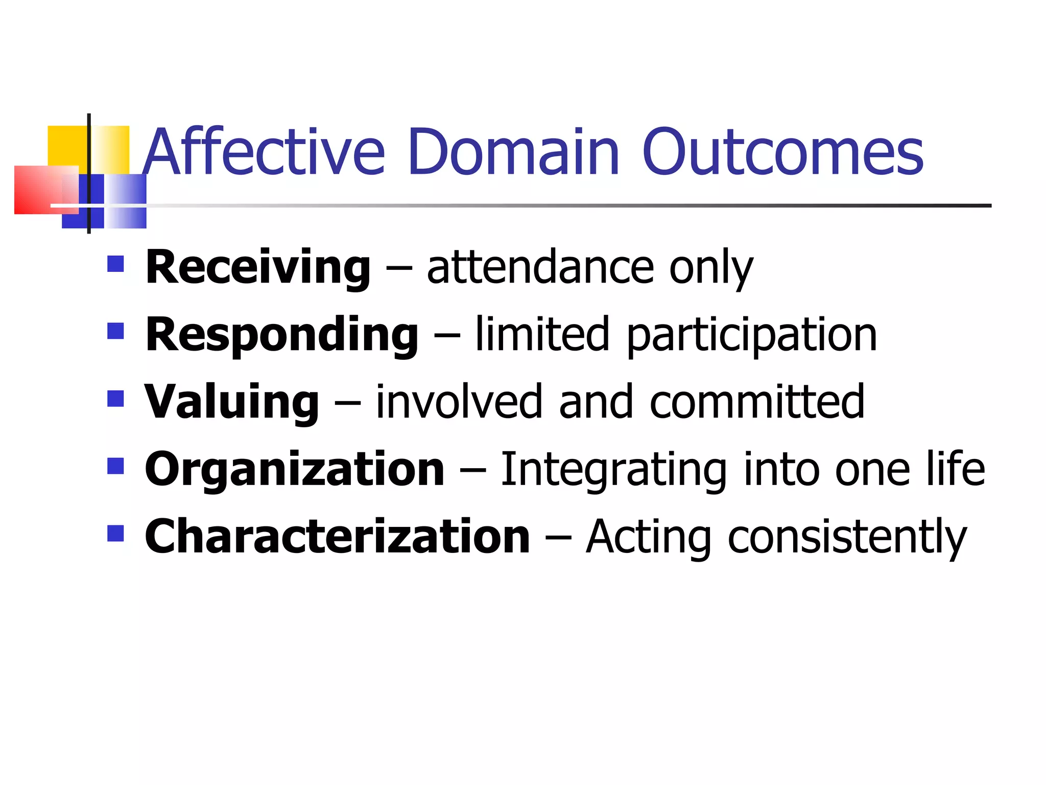 Affective Domain Outcomes Receiving  – attendance only Responding  – limited participation Valuing  – involved and committed Organization  – Integrating into one life Characterization  – Acting consistently 