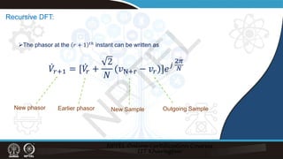 The phasor at the 𝑟𝑟 + 1 𝑡𝑡𝑡 instant can be written as
Earlier phasor New Sample Outgoing Sample
̇
𝑉𝑉𝑟𝑟+1 = [ ̇
𝑉𝑉
𝑟𝑟 +
2
𝑁𝑁
(𝑣𝑣N+r − 𝑣𝑣𝑟𝑟)]𝑒𝑒𝑗𝑗
2𝜋𝜋
𝑁𝑁
New phasor
Recursive DFT:
N
P
T
E
L
 